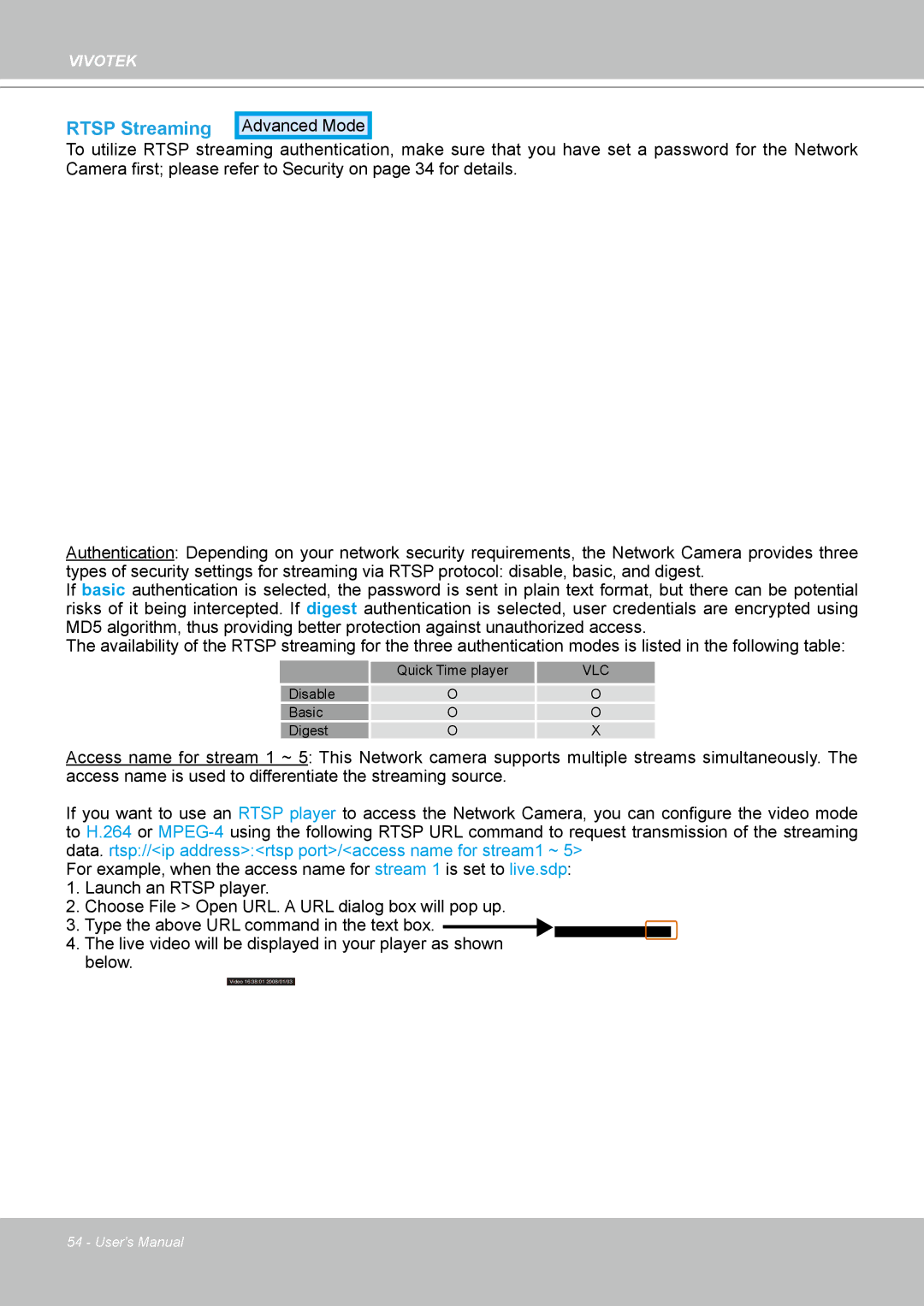 Vivotek IP8361 user manual Rtsp Streaming Advanced Mode 