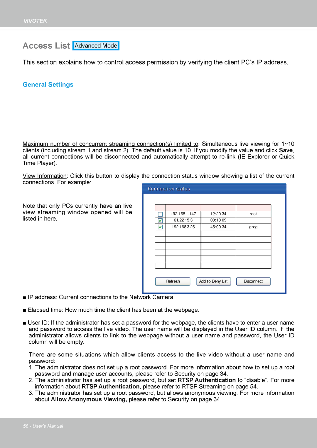 Vivotek IP8361 user manual Access List, General Settings 