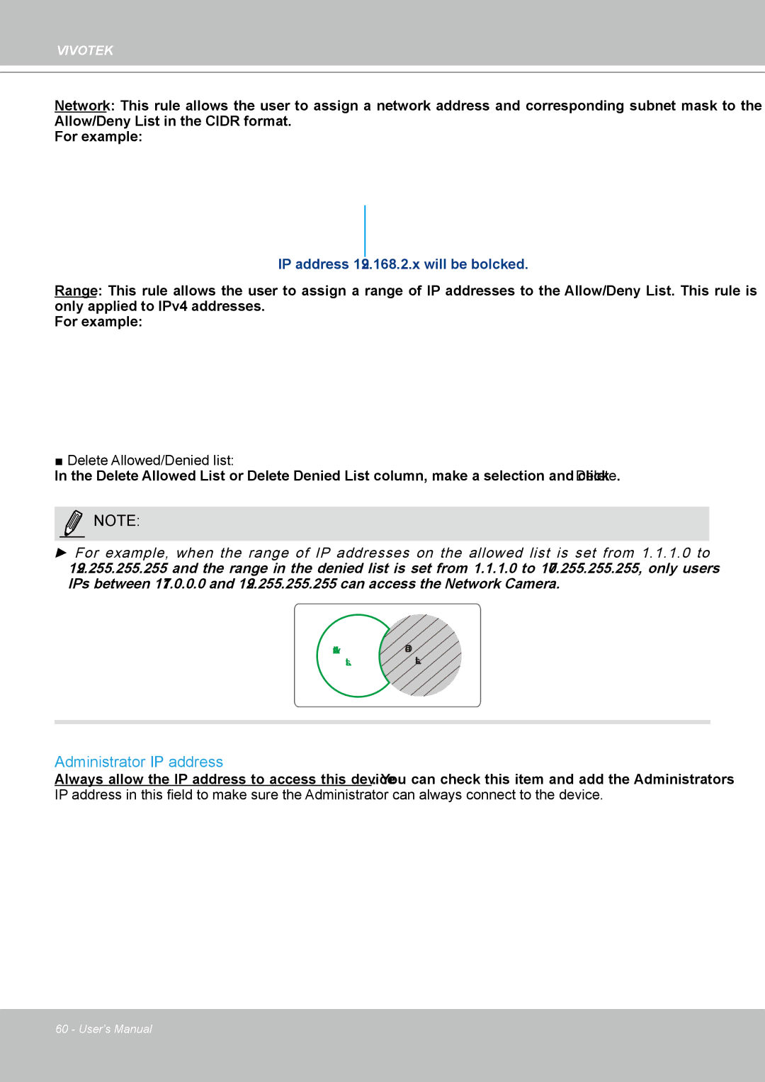 Vivotek IP8361 user manual Administrator IP address, IP address 192.168.2.x will be bolcked 