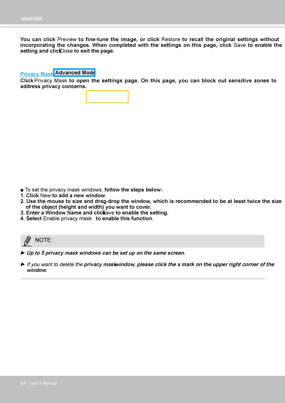 Vivotek IP8361 user manual Privacy Mask 