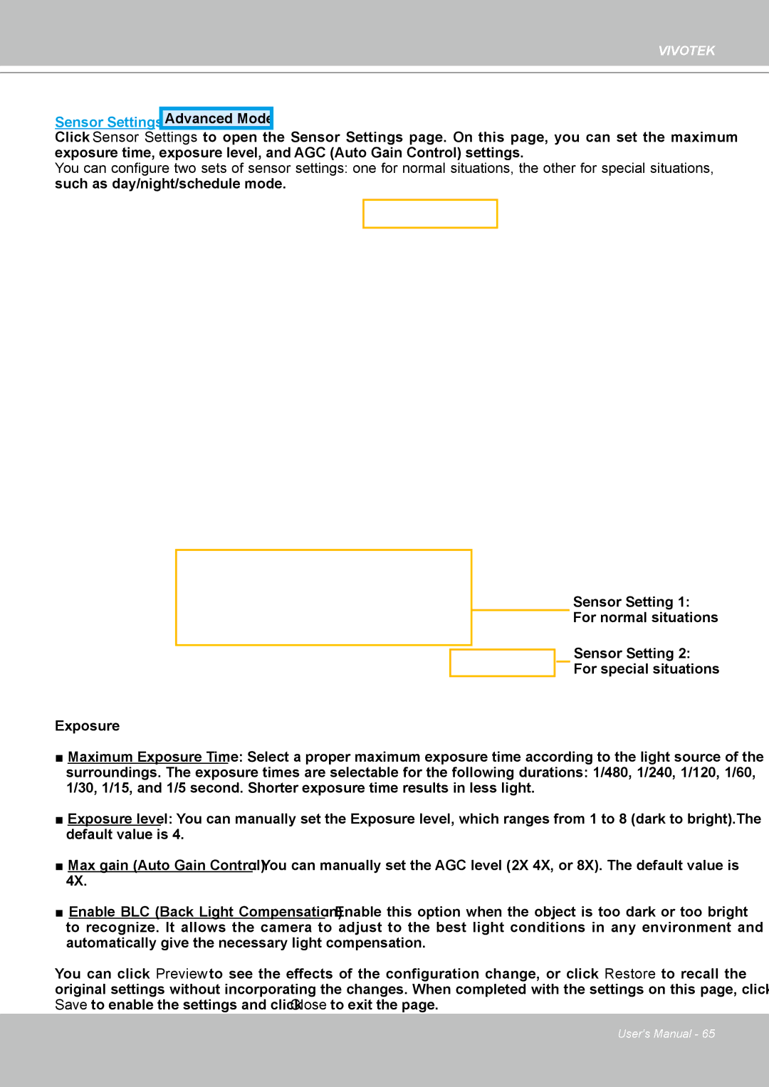 Vivotek IP8361 user manual Sensor Settings Advanced Mode 