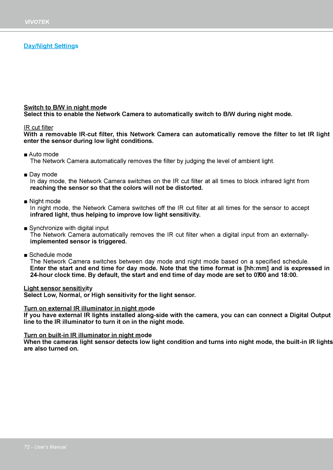 Vivotek IP8361 user manual Day/Night Settings 