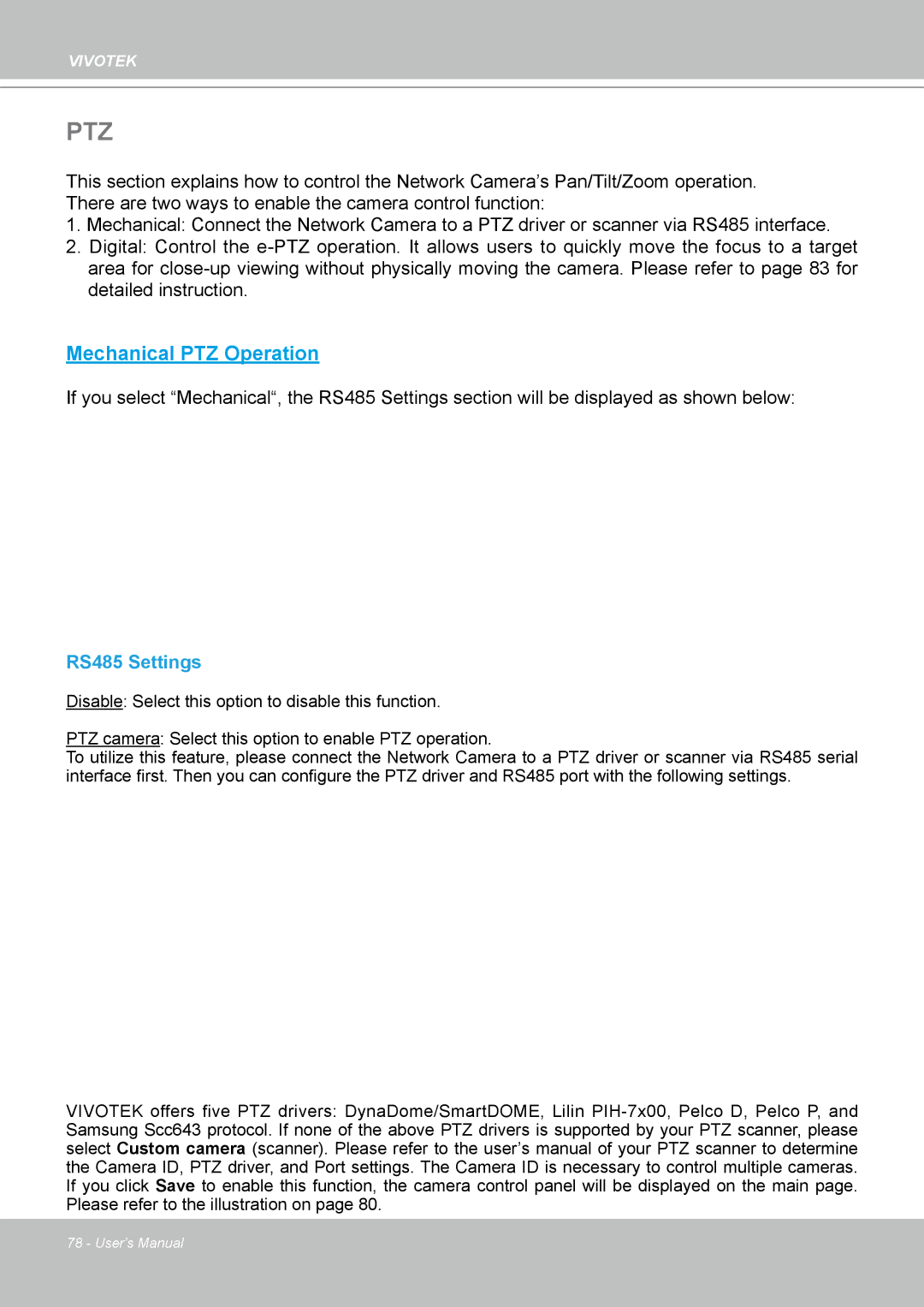 Vivotek IP8361 user manual Ptz, RS485 Settings 