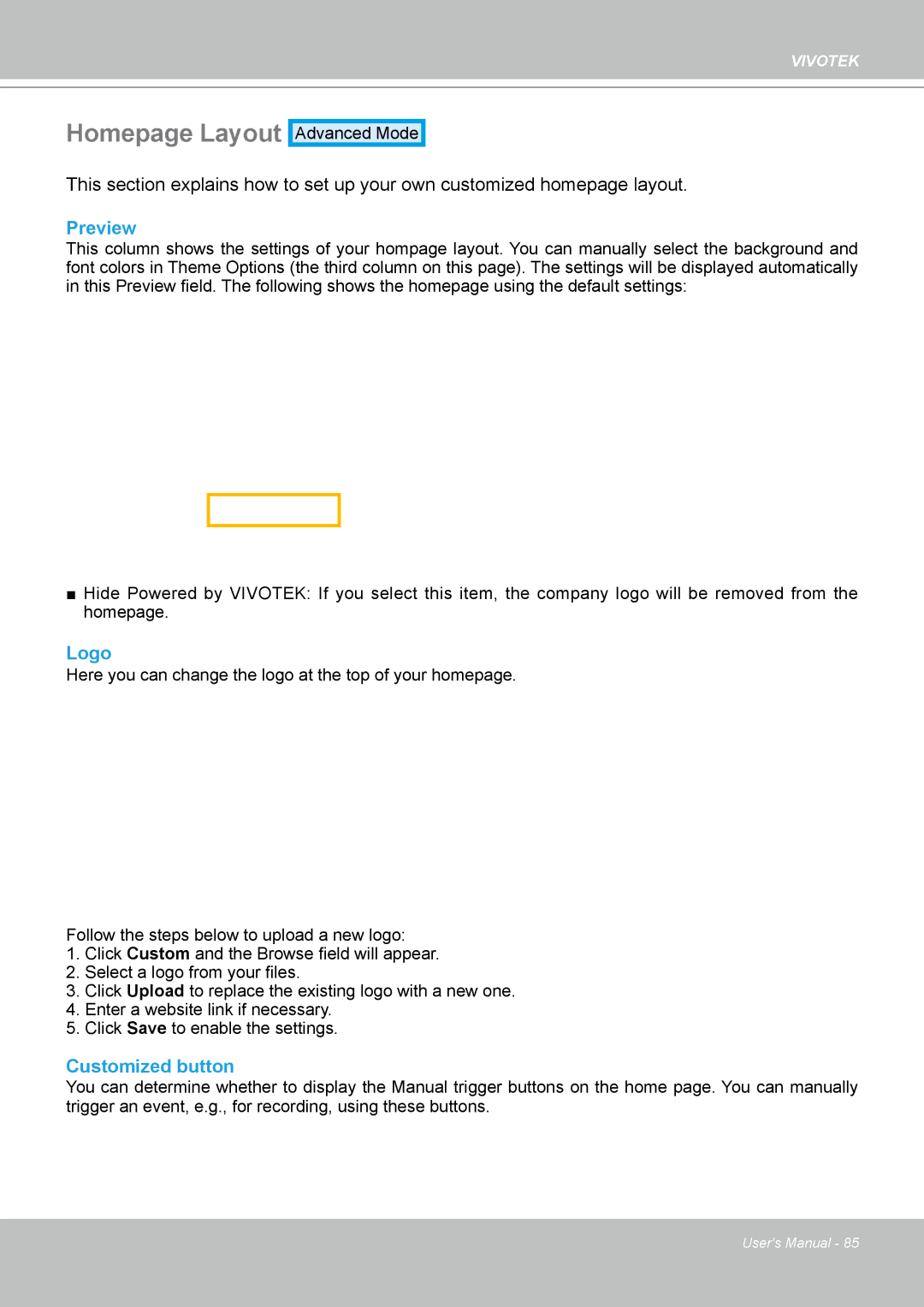 Vivotek IP8361 user manual Homepage Layout, Preview, Logo, Customized button 