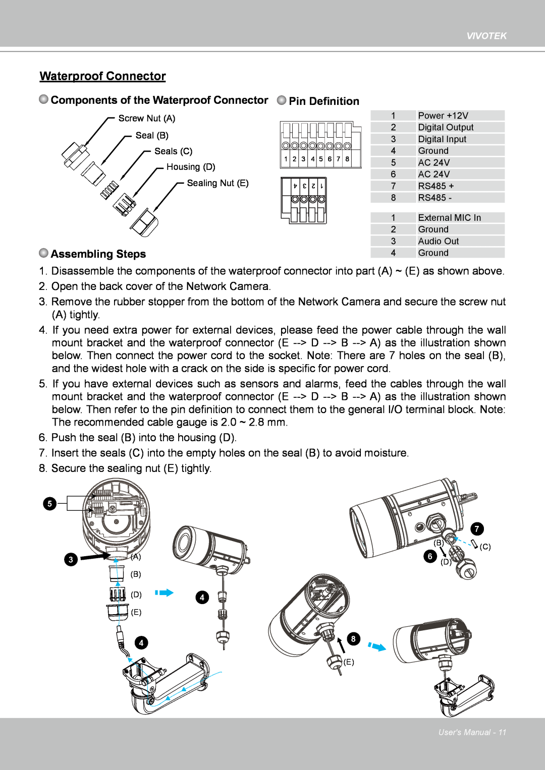 Vivotek IP8361 user manual Components of the Waterproof Connector, Pin Definition, Assembling Steps 
