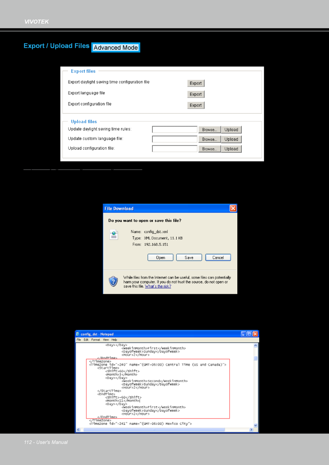 Vivotek IP8361 user manual Export / Upload Files 