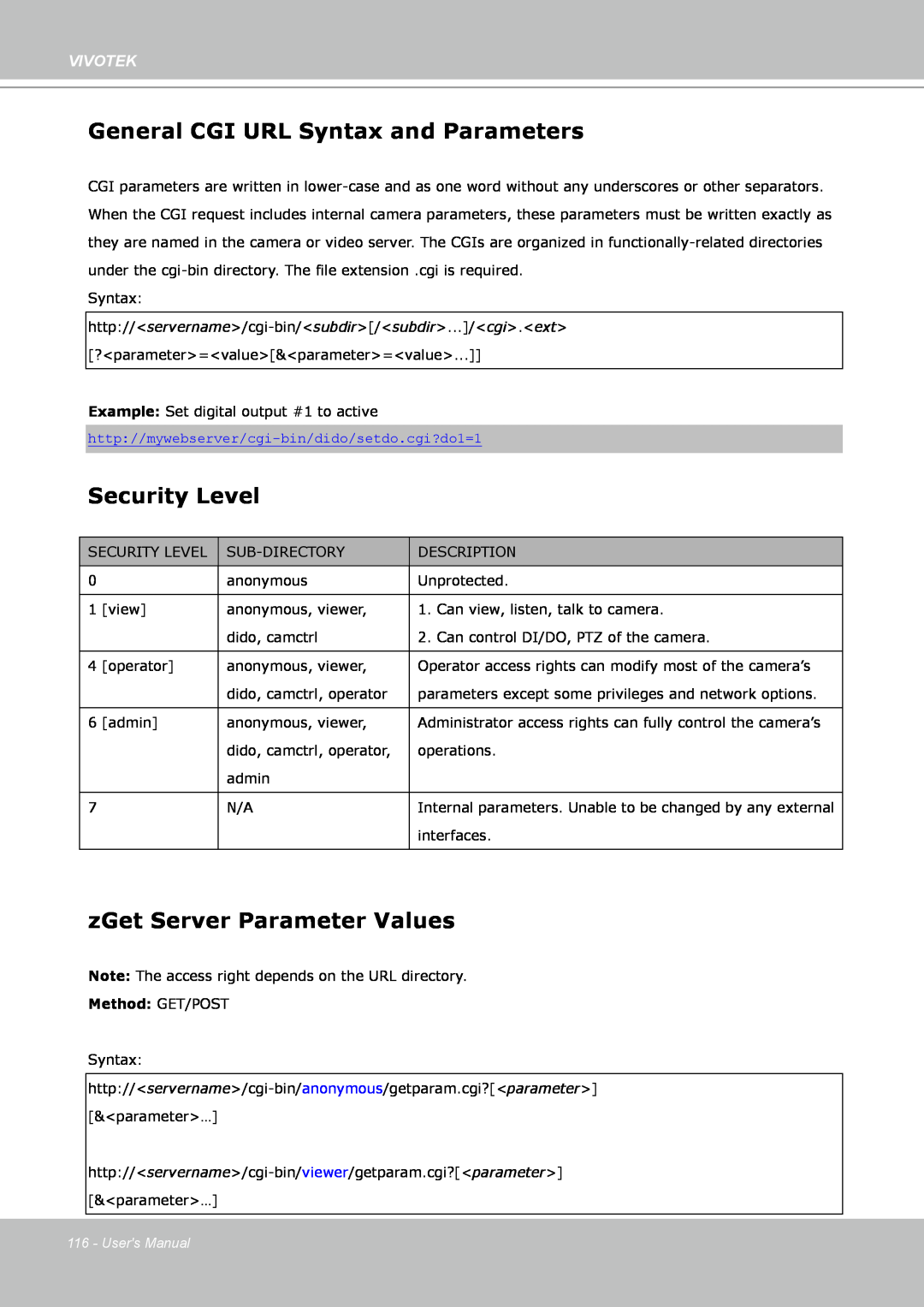 Vivotek IP8361 General CGI URL Syntax and Parameters, Security Level, zGet Server Parameter Values, Vivotek, Users Manual 