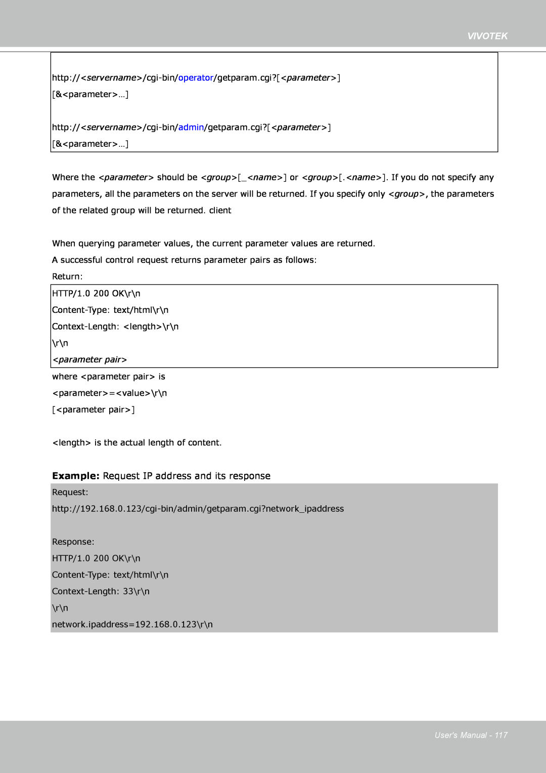 Vivotek IP8361 user manual Vivotek, Example Request IP address and its response, <parameter pair>, Users Manual 