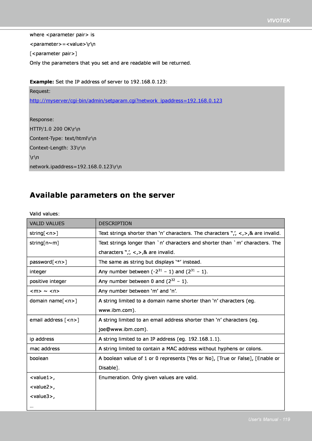 Vivotek IP8361 user manual Available parameters on the server, Vivotek, Users Manual 