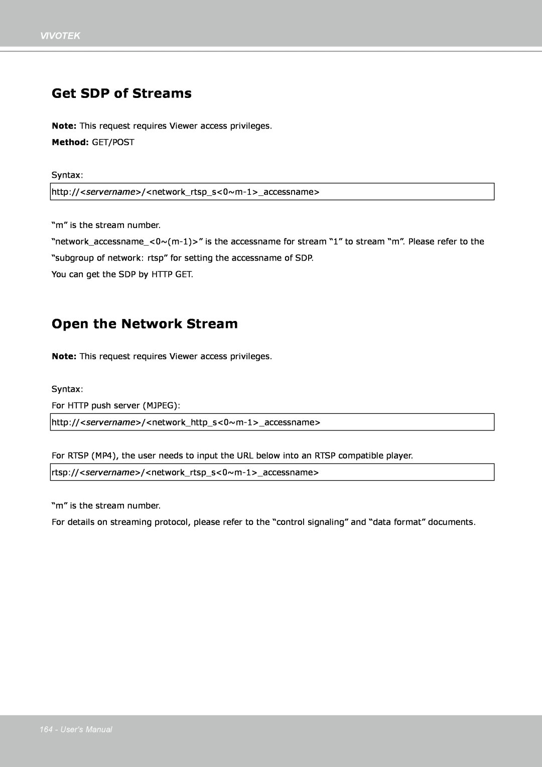 Vivotek IP8361 user manual Get SDP of Streams, Open the Network Stream, Vivotek, Method: GET/POST, Users Manual 