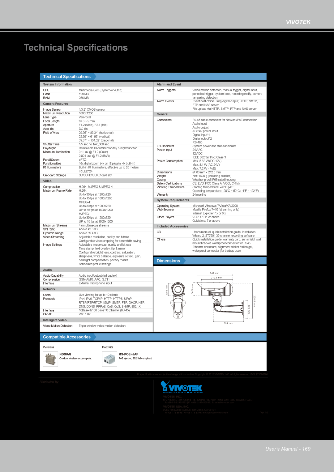 Vivotek IP8361 user manual Technical Specifications, Vivotek, Users Manual, Dimensions, Compatible Accessories 