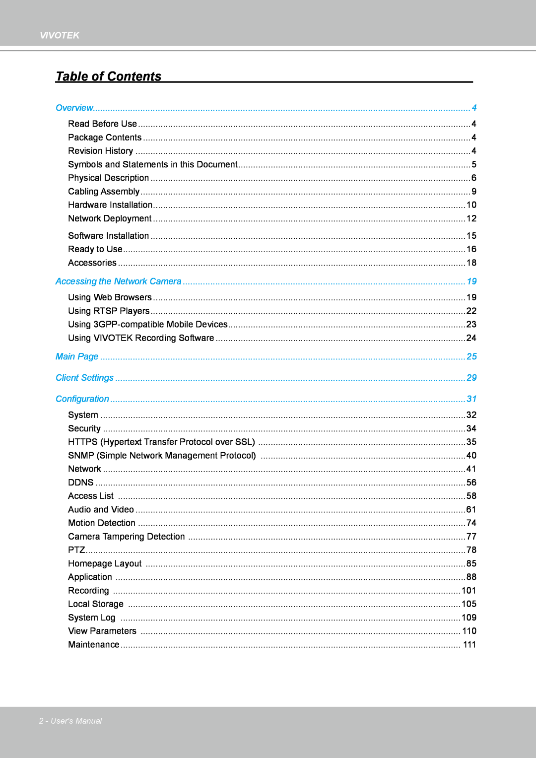 Vivotek IP8361 user manual Table of Contents, Vivotek 