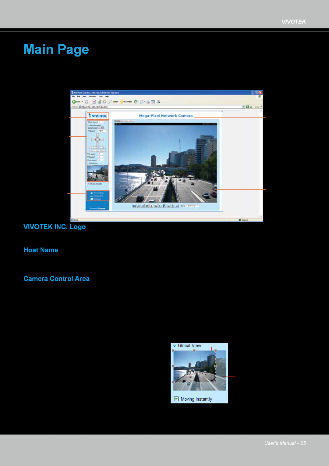 Vivotek IP8361 user manual Main Page, VIVOTEK INC. Logo, Host Name, Camera Control Area 