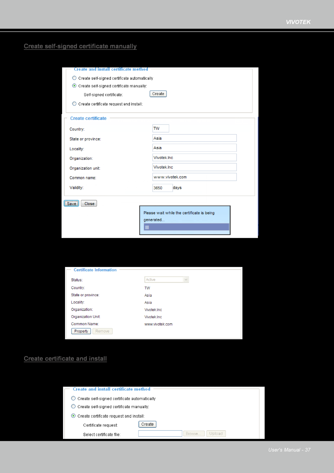 Vivotek IP8361 user manual Create self-signedcertificate manually 