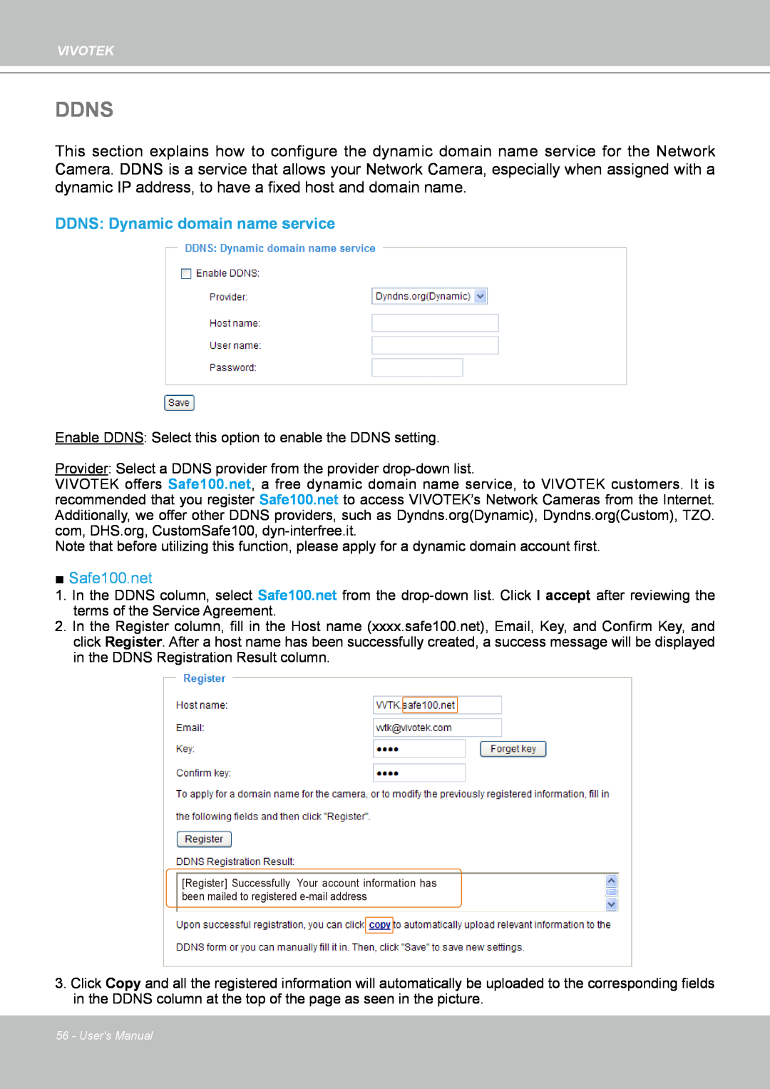 Vivotek IP8361 user manual Ddns, DDNS Dynamic domain name service, Safe100.net 