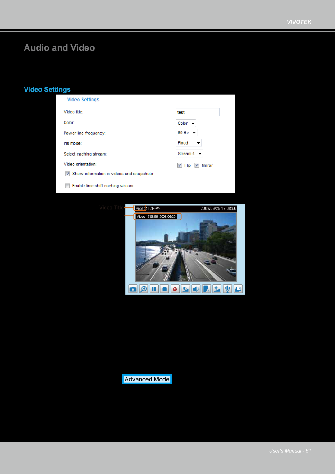 Vivotek IP8361 user manual Audio and Video, Video Settings 