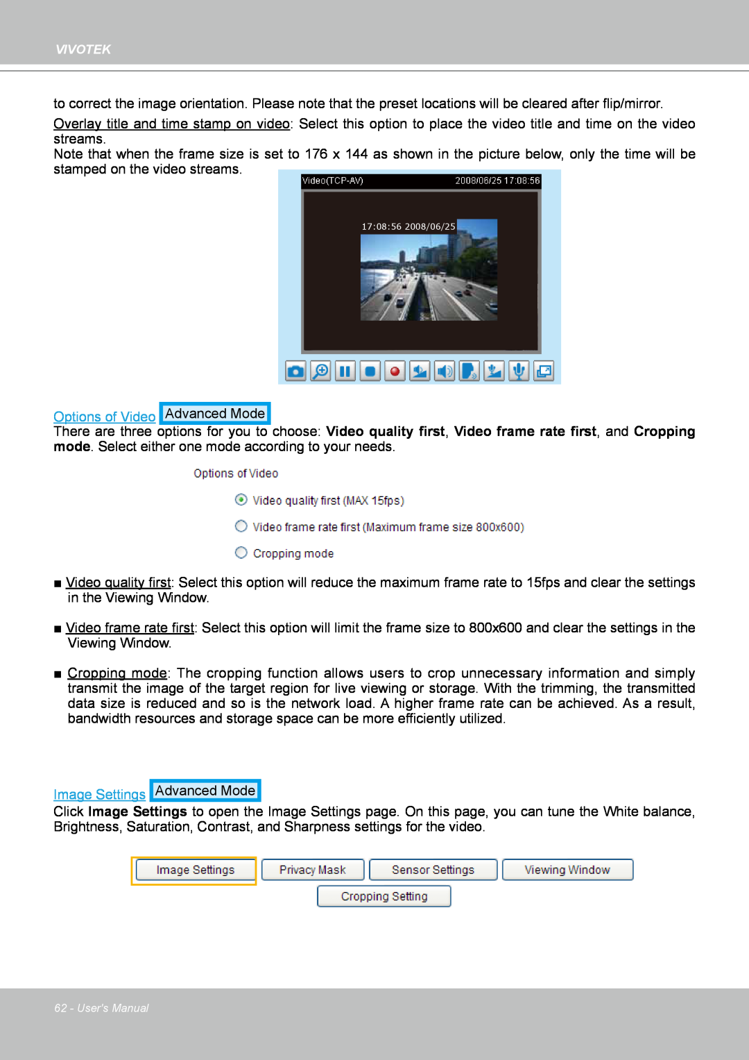Vivotek IP8361 user manual Options of VideoAdvanced Mode, Image Settings 