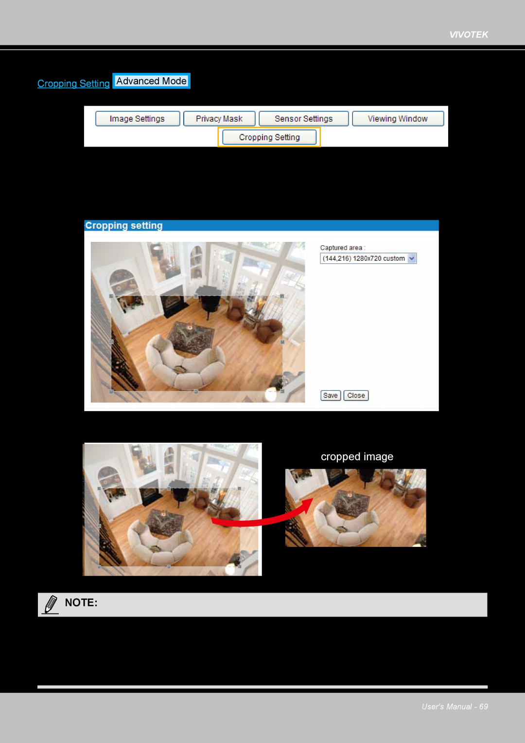 Vivotek IP8361 user manual cropped image, Cropping SettingAdvanced Mode 