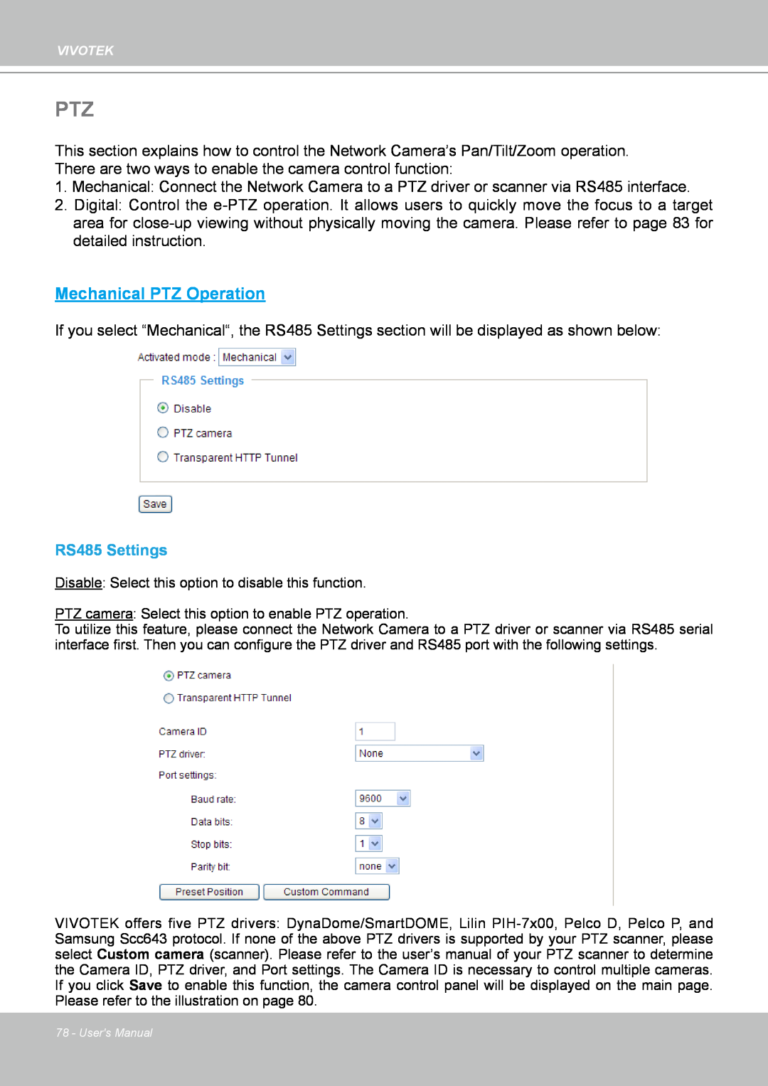Vivotek IP8361 user manual Mechanical PTZ Operation, RS485 Settings 