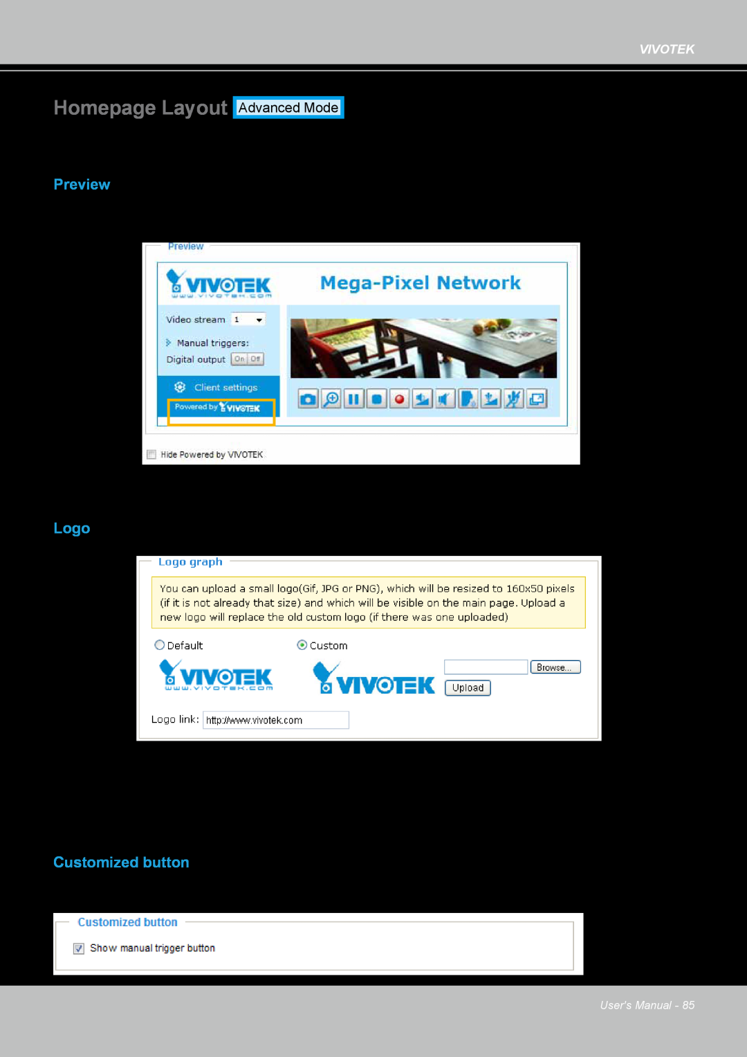 Vivotek IP8361 user manual Homepage Layout, Preview, Logo, Customized button 