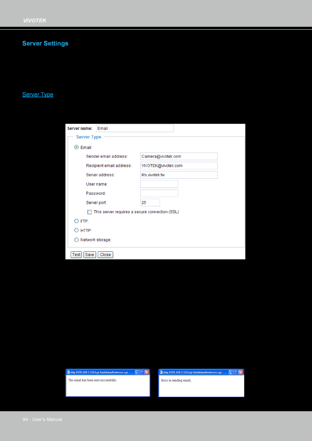 Vivotek IP8361 user manual Server Settings, Server Type 