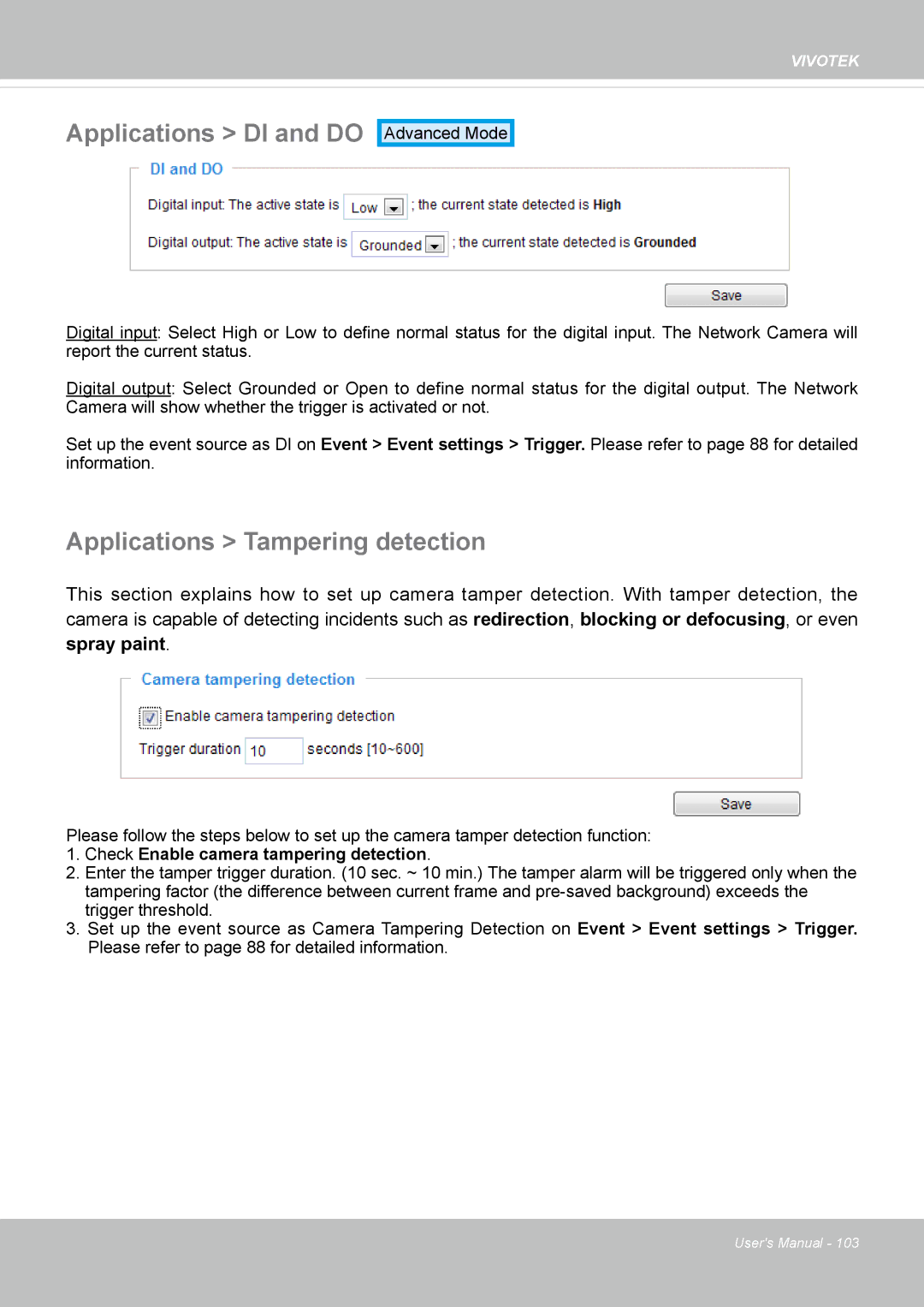 Vivotek IP8362 manual Applications DI and do, Applications Tampering detection 