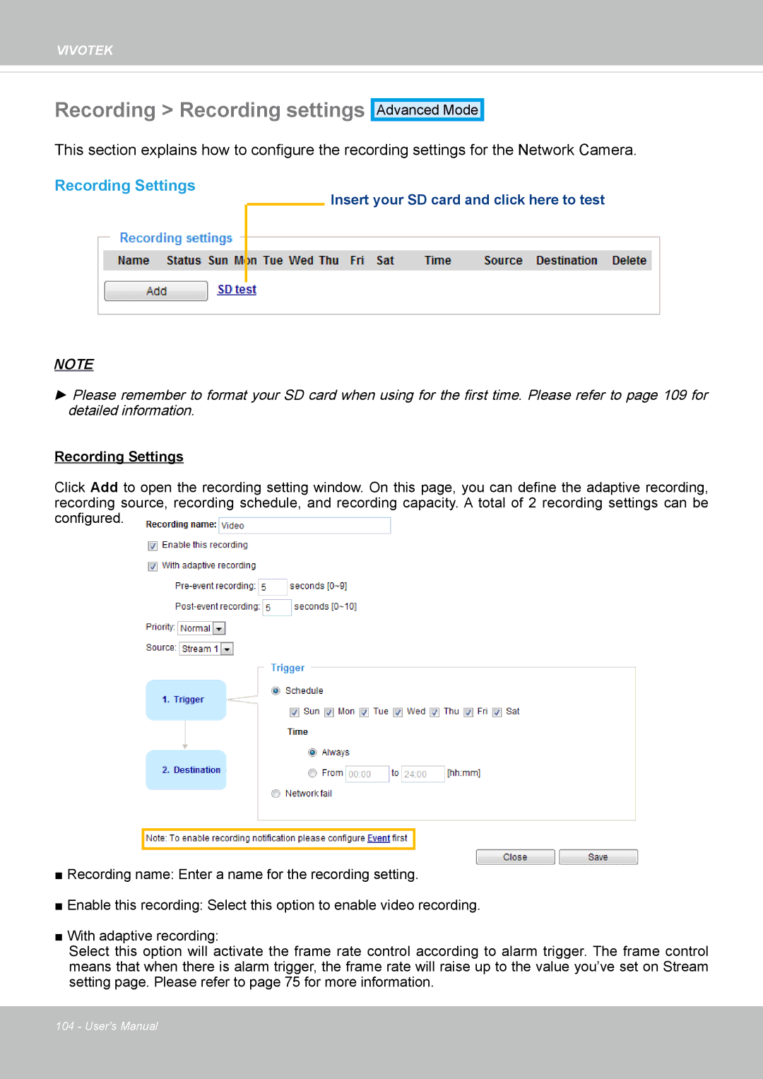 Vivotek IP8362 manual Recording Recording settings, Recording Settings 