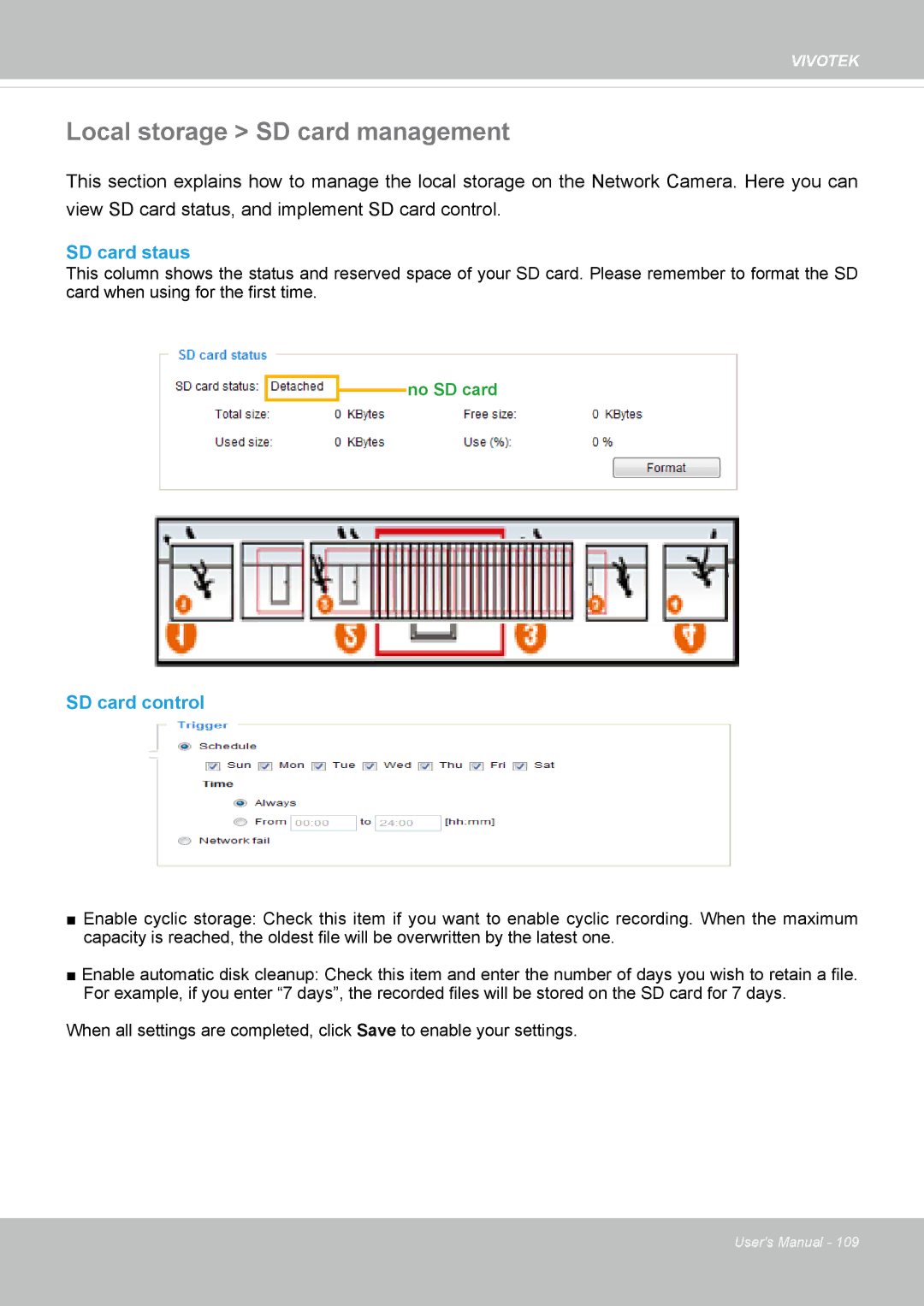 Vivotek IP8362 manual Local storage SD card management, SD card staus, SD card control 