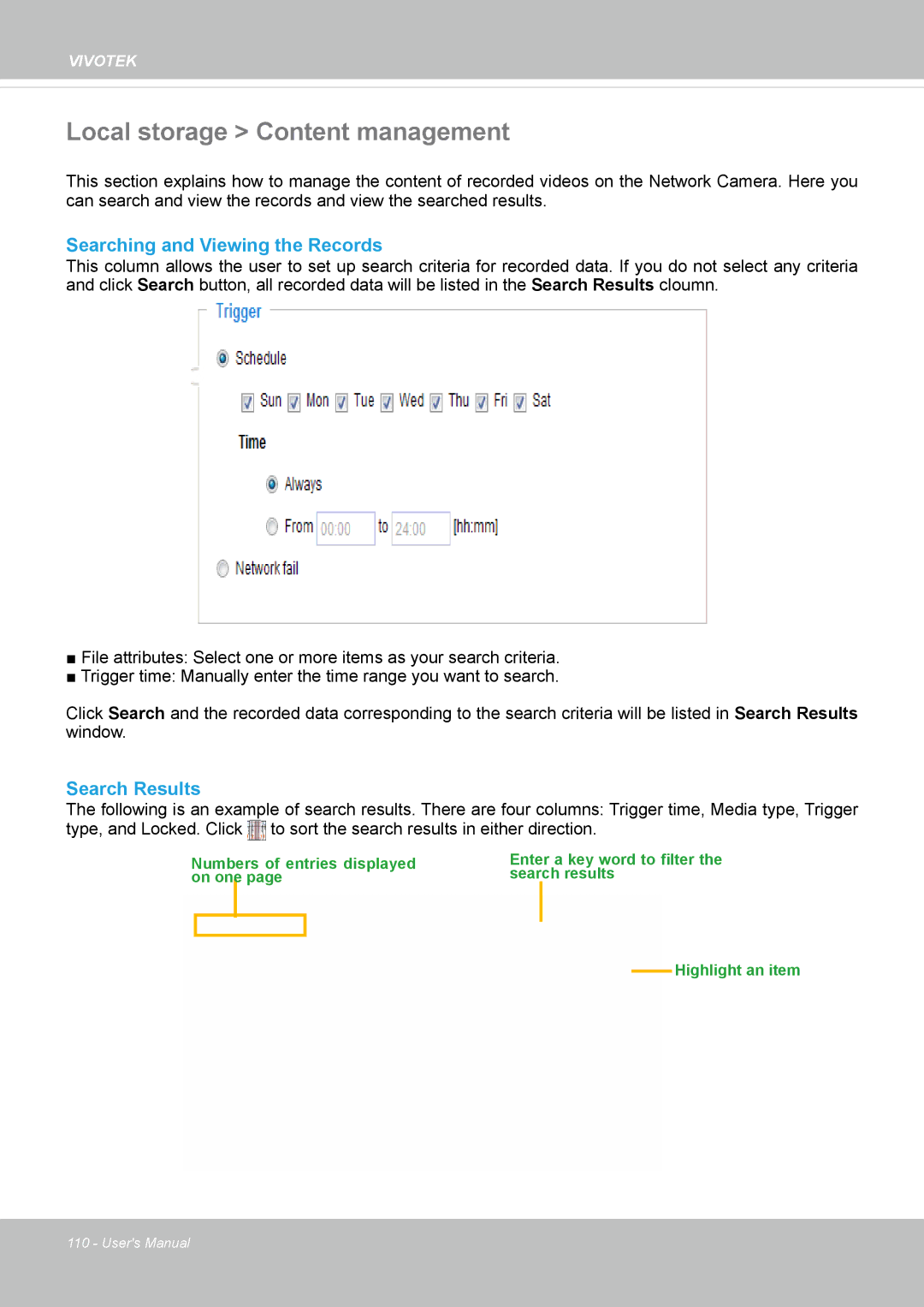 Vivotek IP8362 manual Local storage Content management, Searching and Viewing the Records, Search Results 