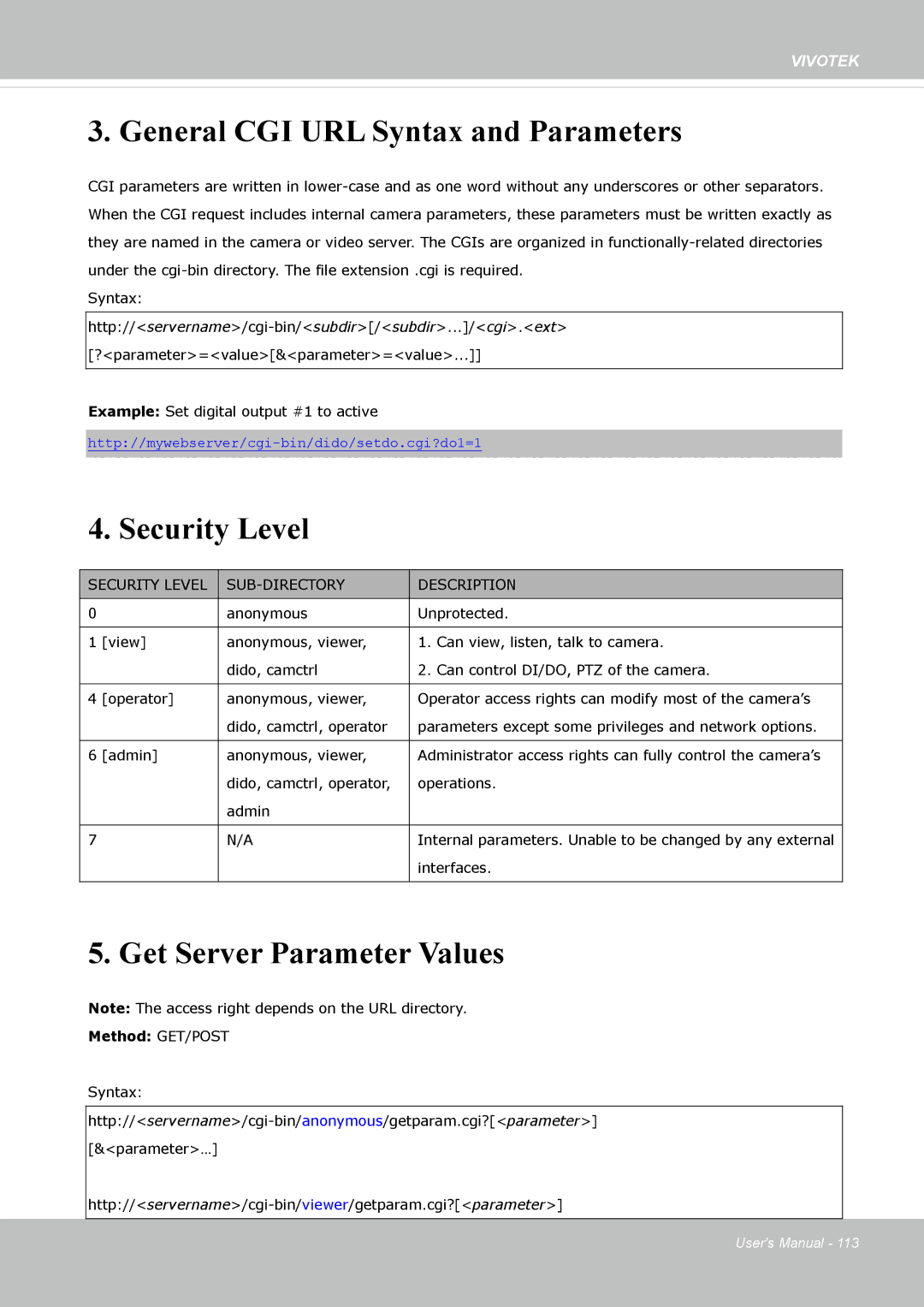 Vivotek IP8362 manual General CGI URL Syntax and Parameters 