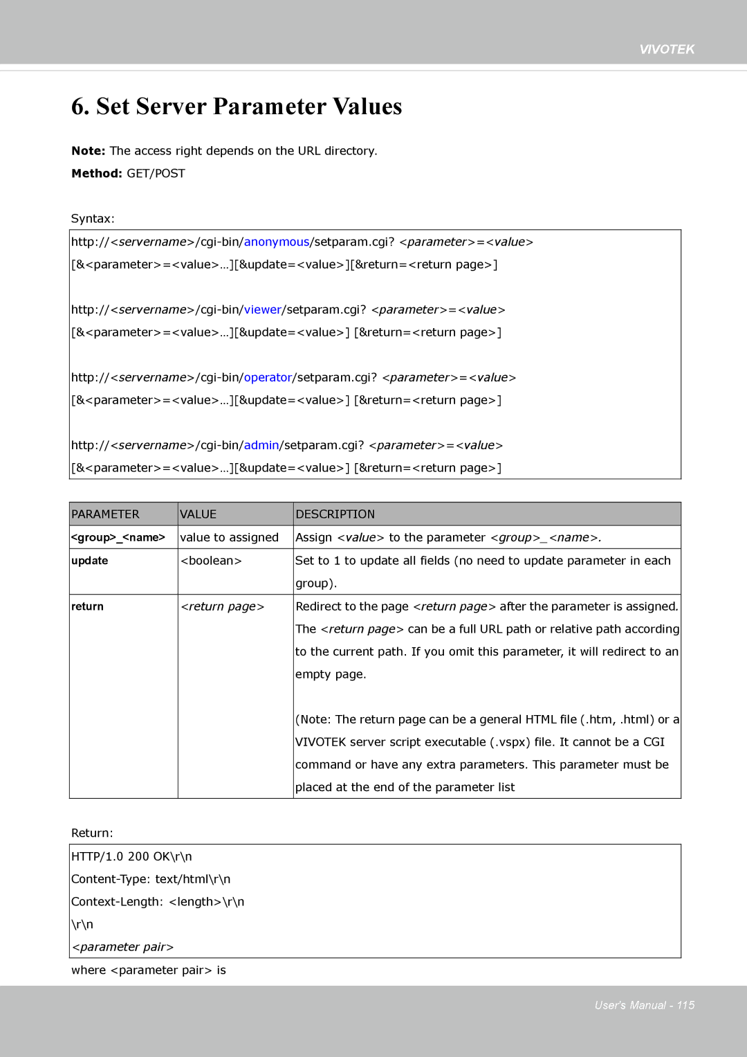 Vivotek IP8362 manual Set Server Parameter Values 