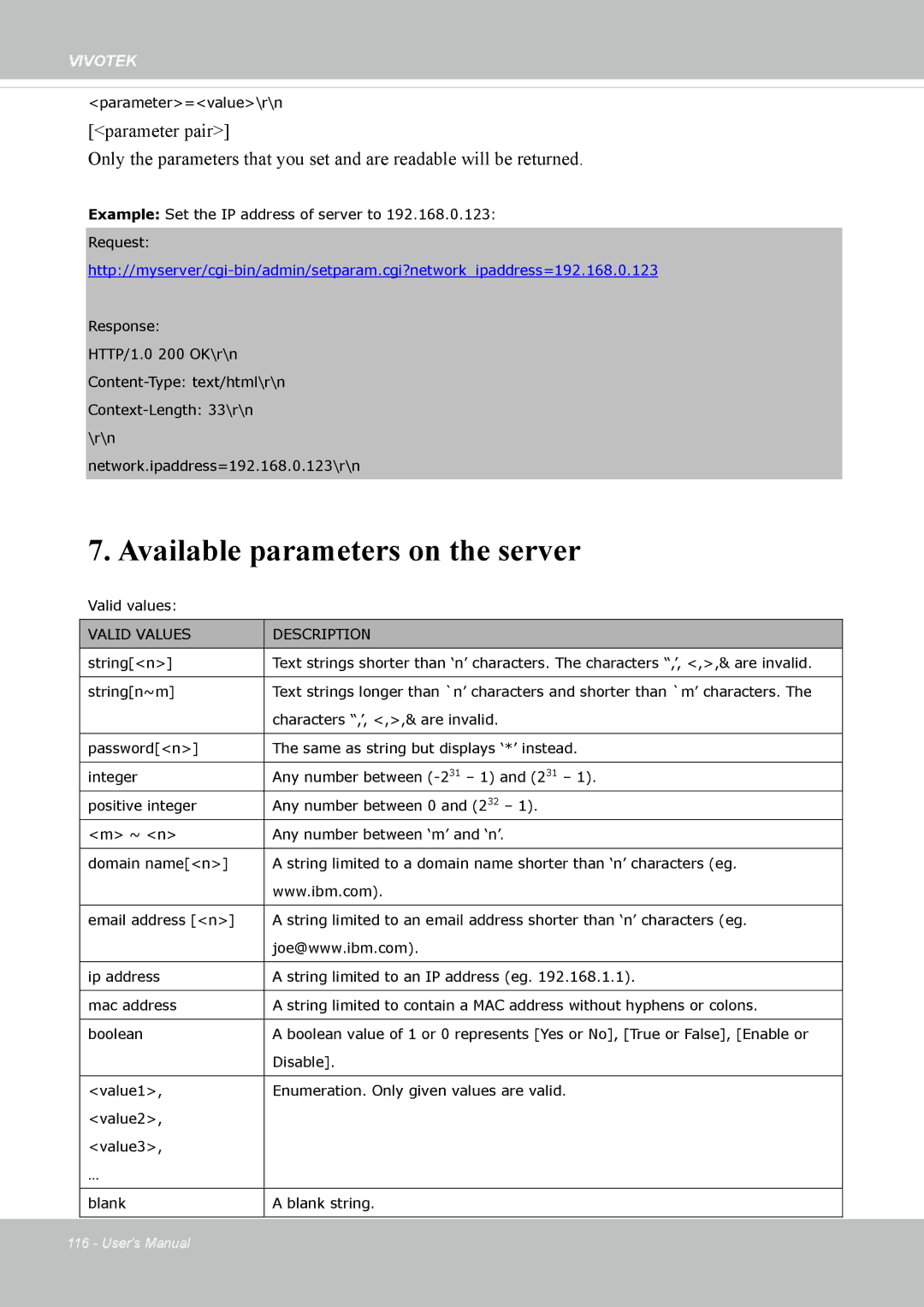 Vivotek IP8362 manual Available parameters on the server 