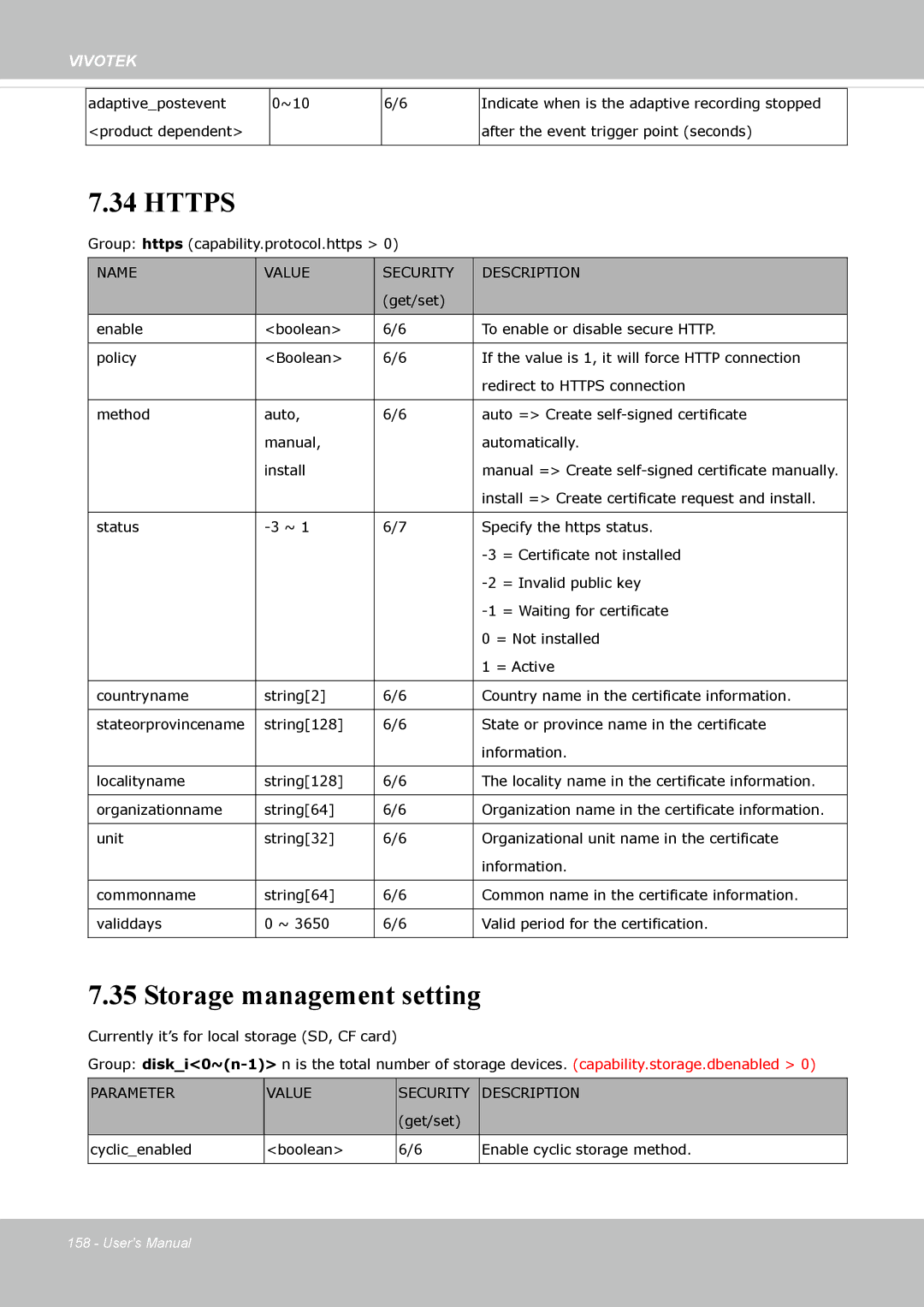 Vivotek IP8362 manual Https, Storage management setting 