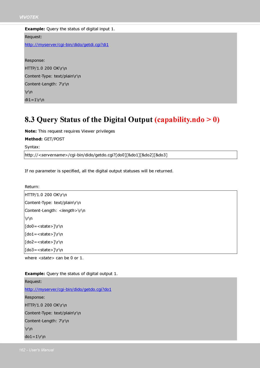 Vivotek IP8362 manual Query Status of the Digital Output capability.ndo, Http//myserver/cgi-bin/dido/getdi.cgi?di1 