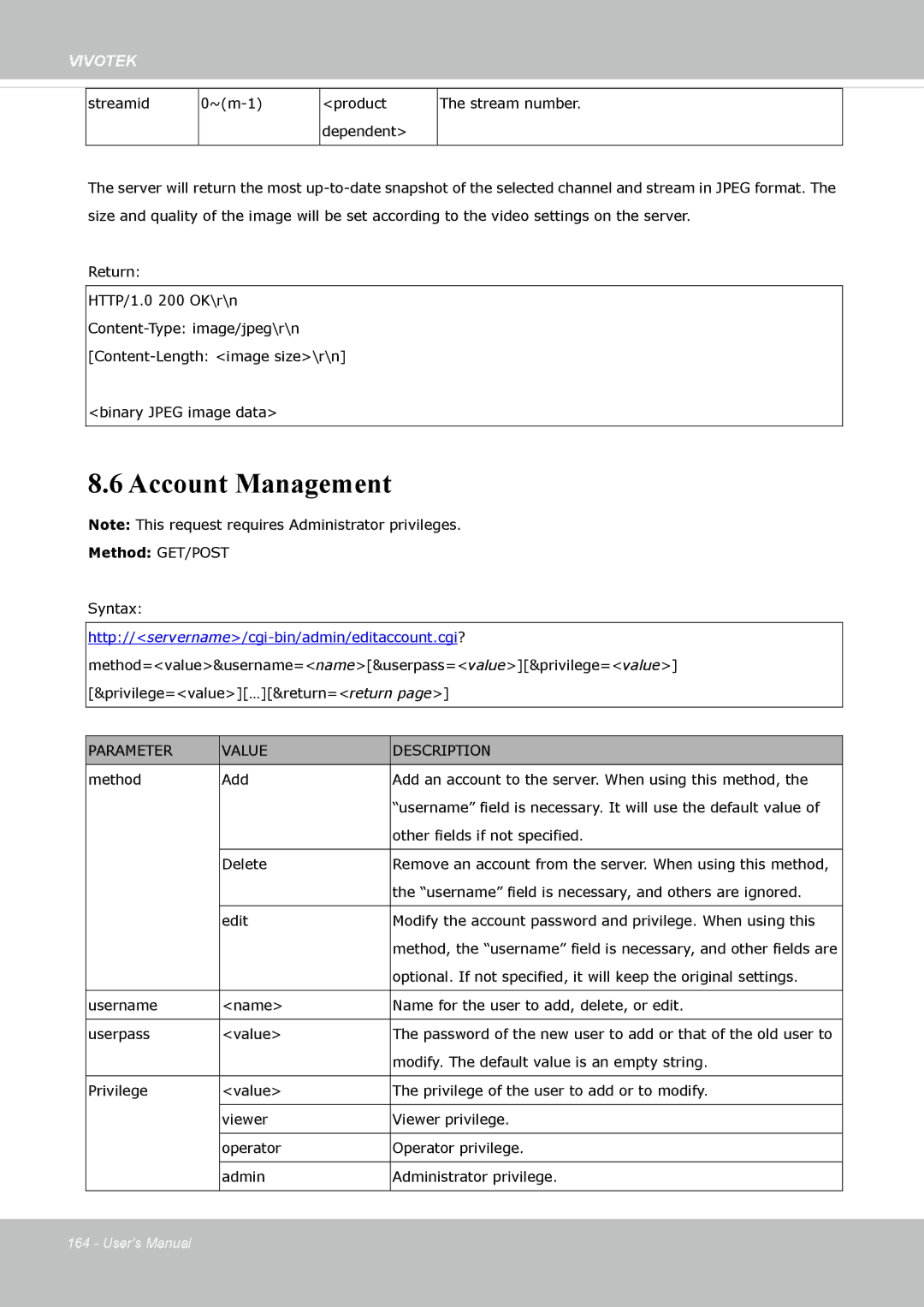 Vivotek IP8362 manual Account Management 