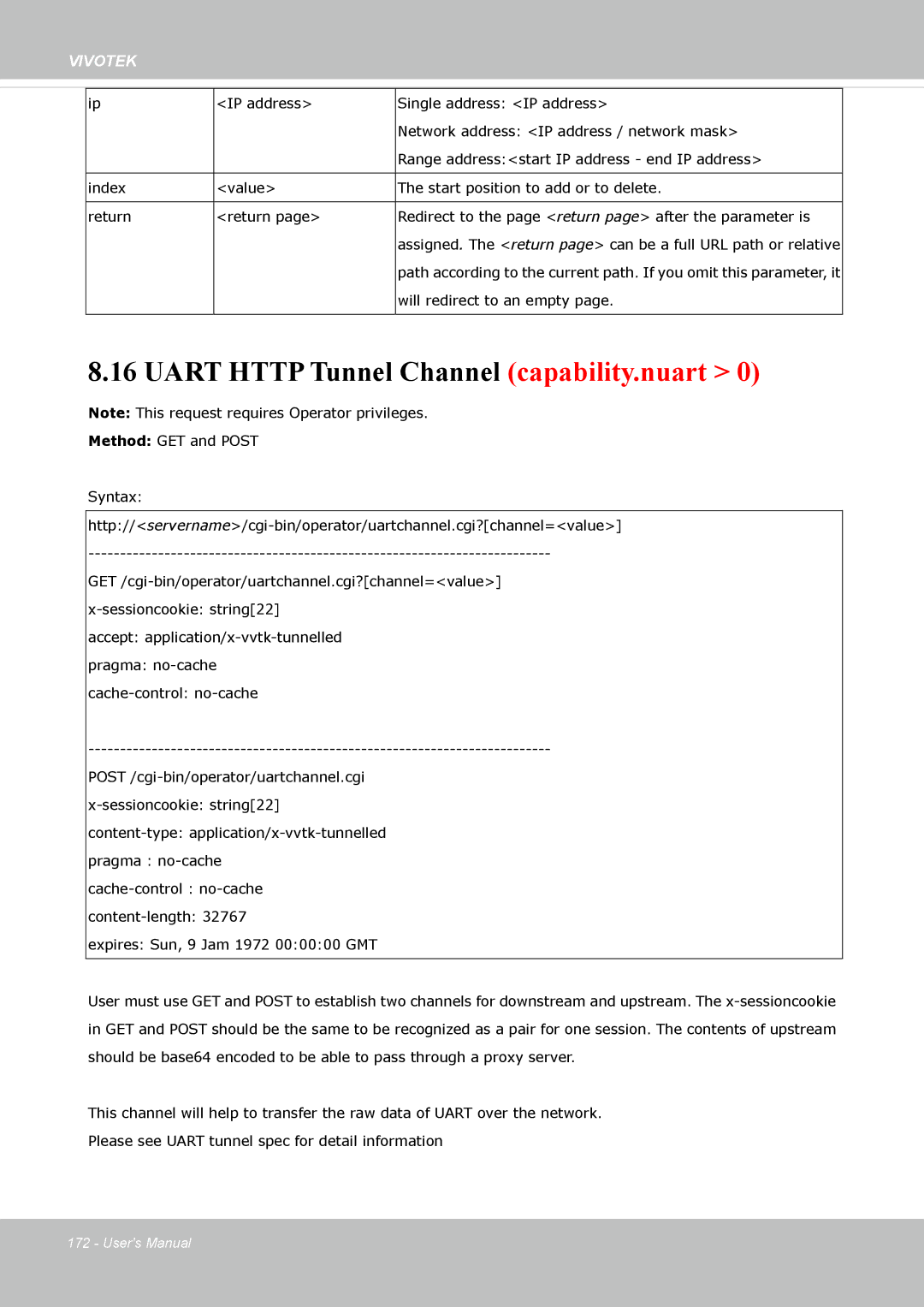 Vivotek IP8362 manual Uart Http Tunnel Channel capability.nuart 