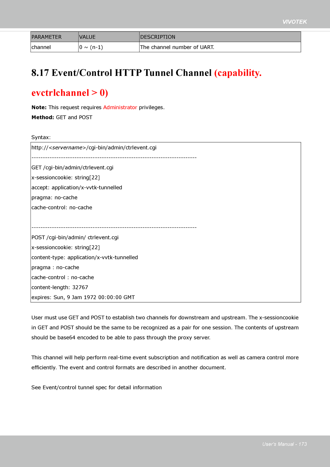 Vivotek IP8362 manual Event/Control Http Tunnel Channel capability. evctrlchannel 