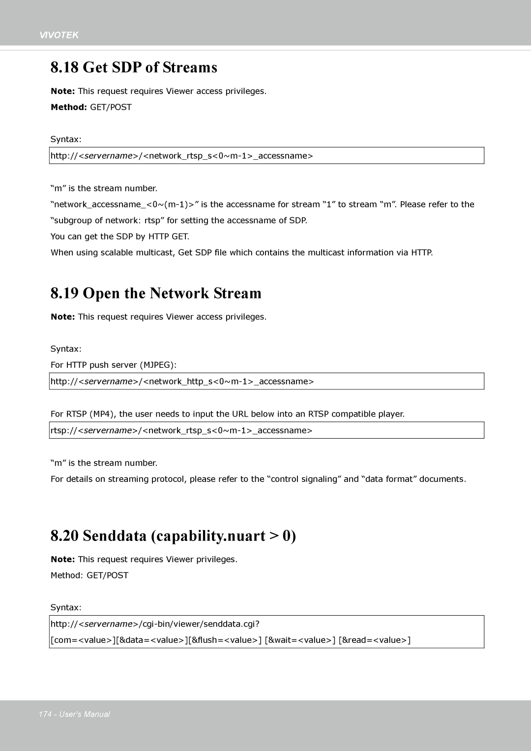 Vivotek IP8362 manual Get SDP of Streams, Open the Network Stream, Senddata capability.nuart 