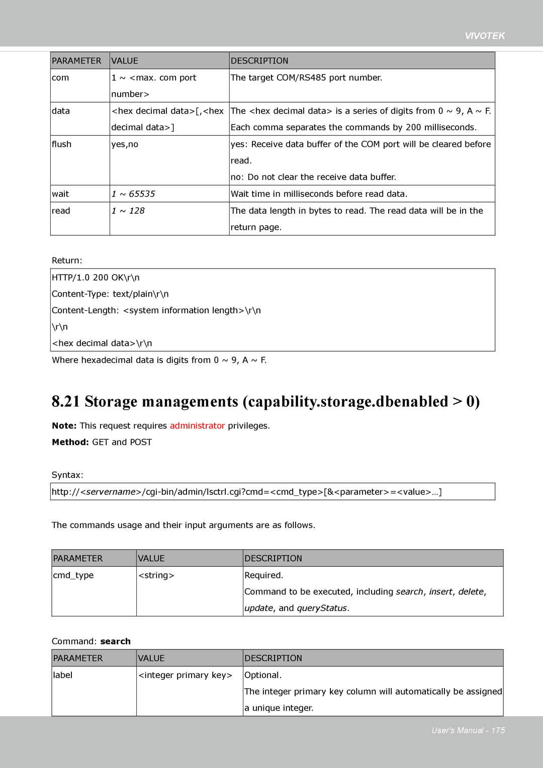 Vivotek IP8362 manual Storage managements capability.storage.dbenabled, Update , and queryStatus 