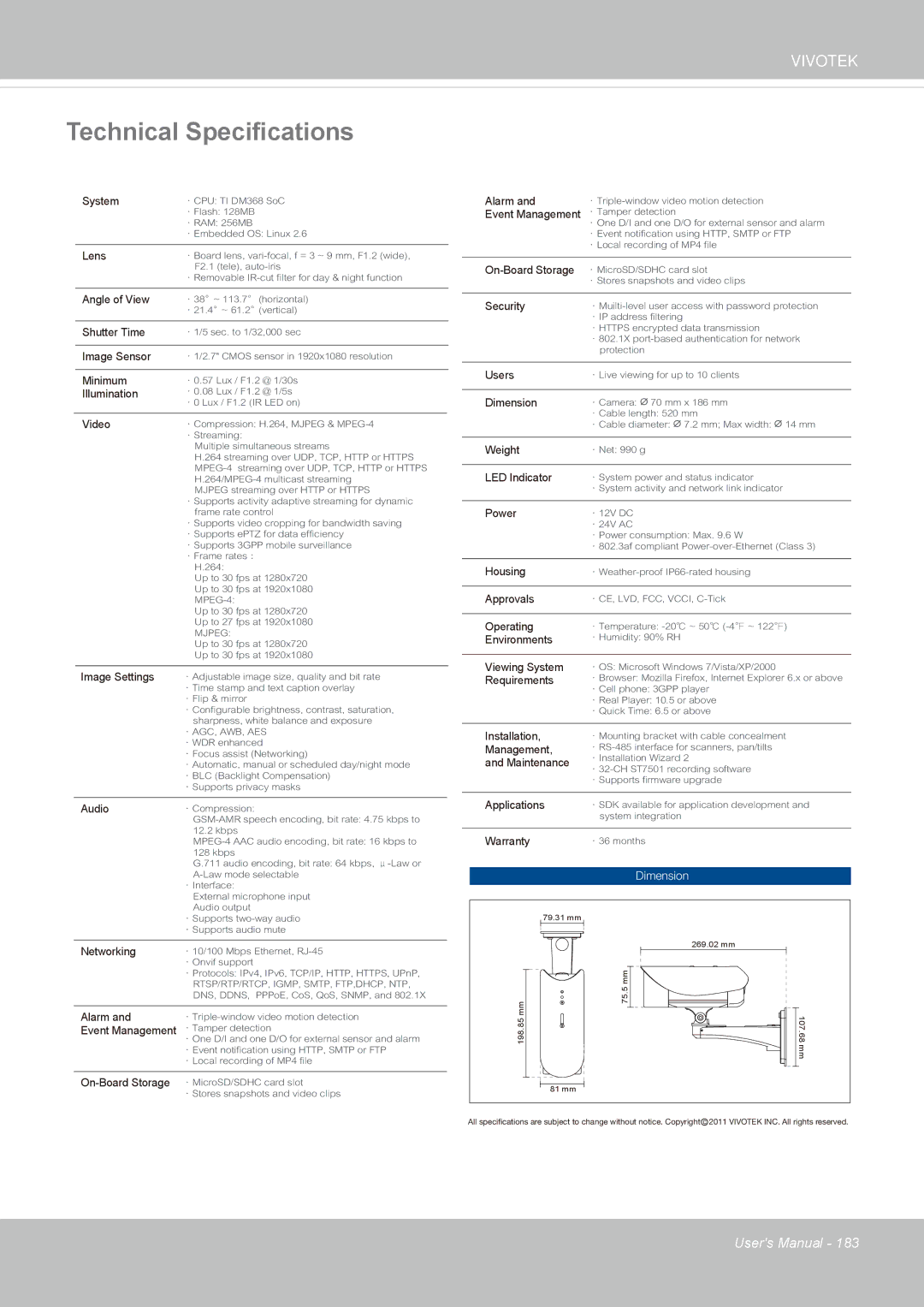 Vivotek IP8362 manual Technical Specifications, Weight 