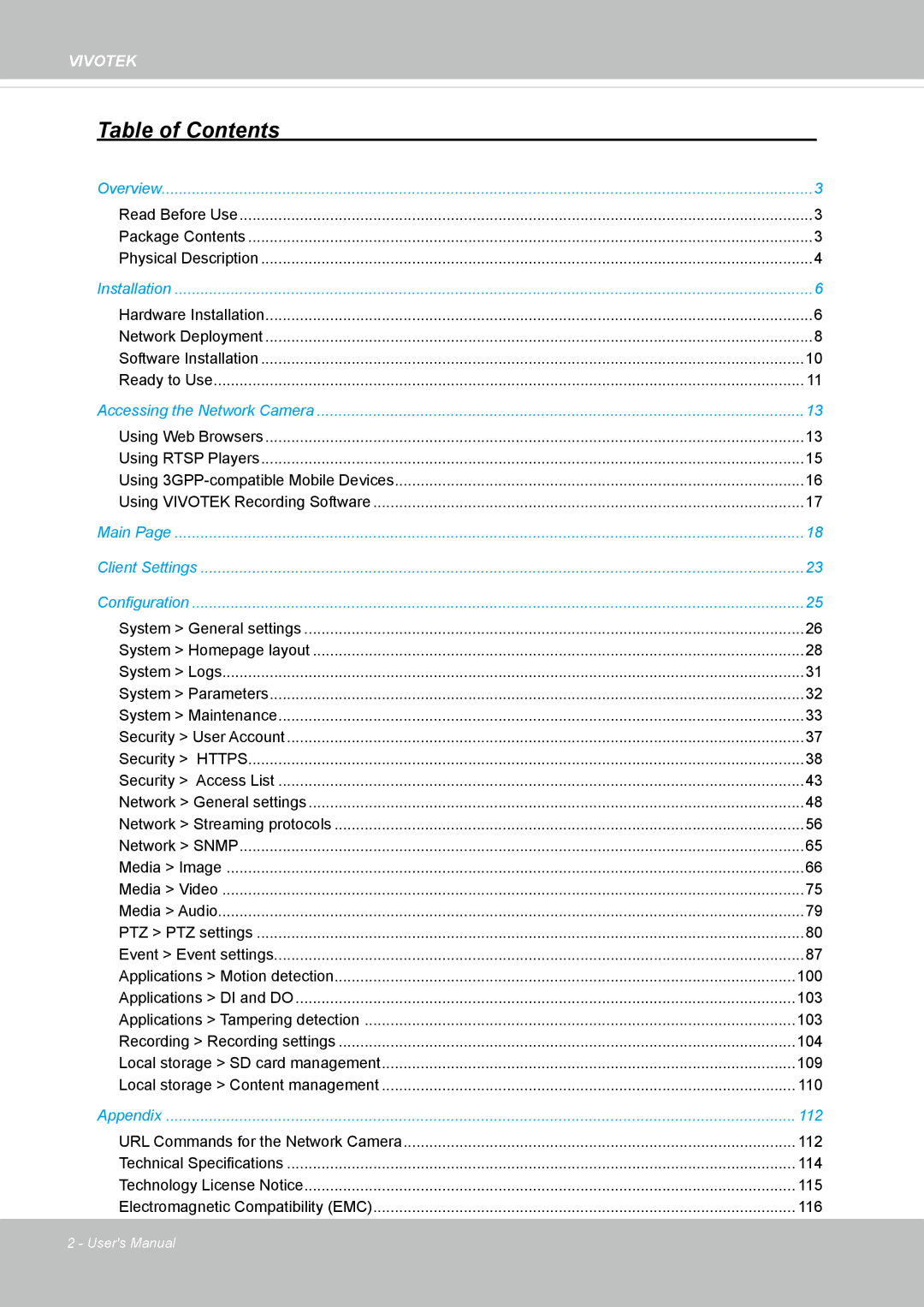 Vivotek IP8362 manual Table of Contents 