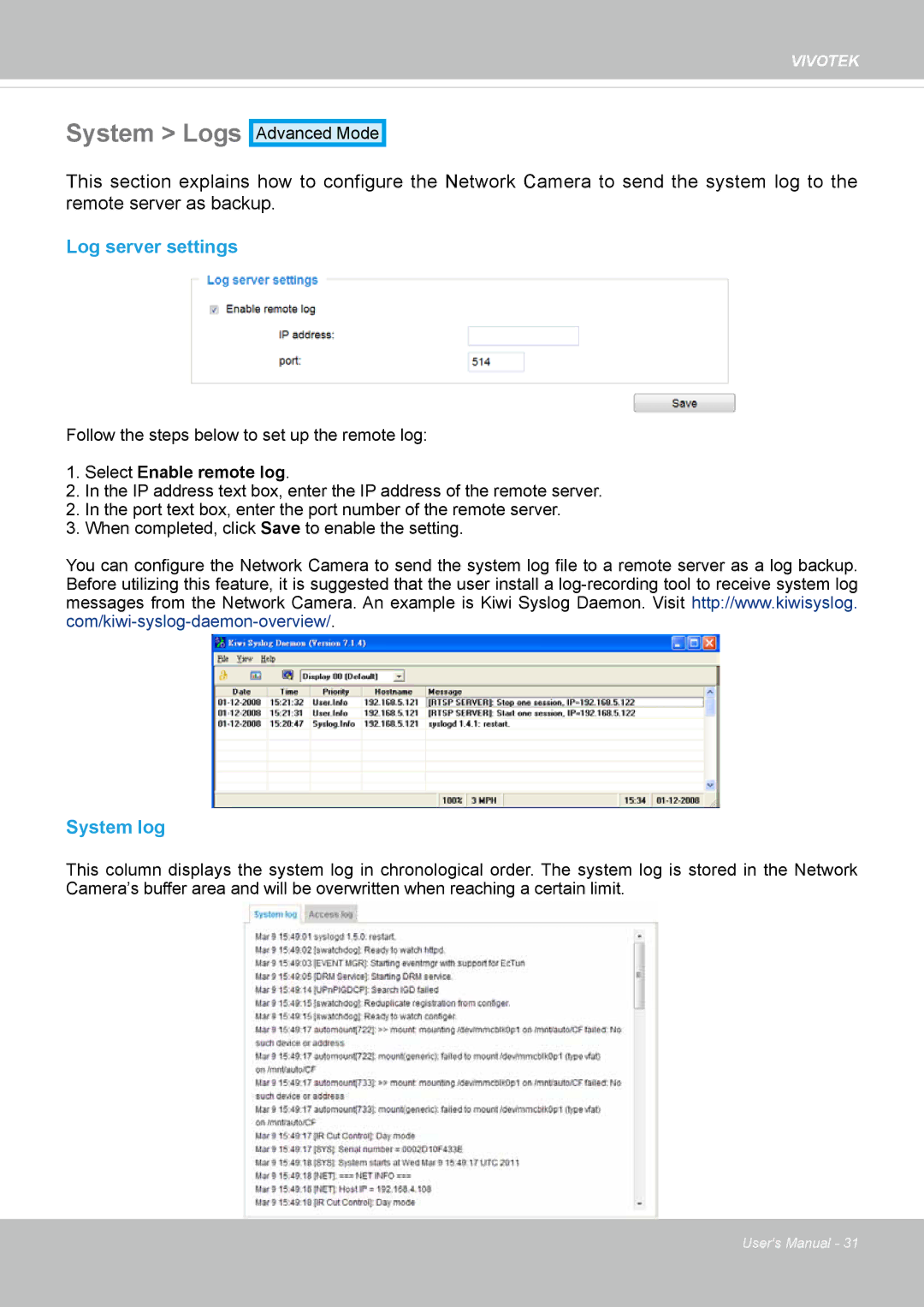 Vivotek IP8362 manual System Logs, Log server settings, System log 