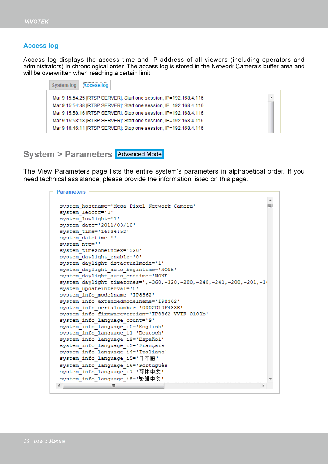 Vivotek IP8362 manual System Parameters, Access log 