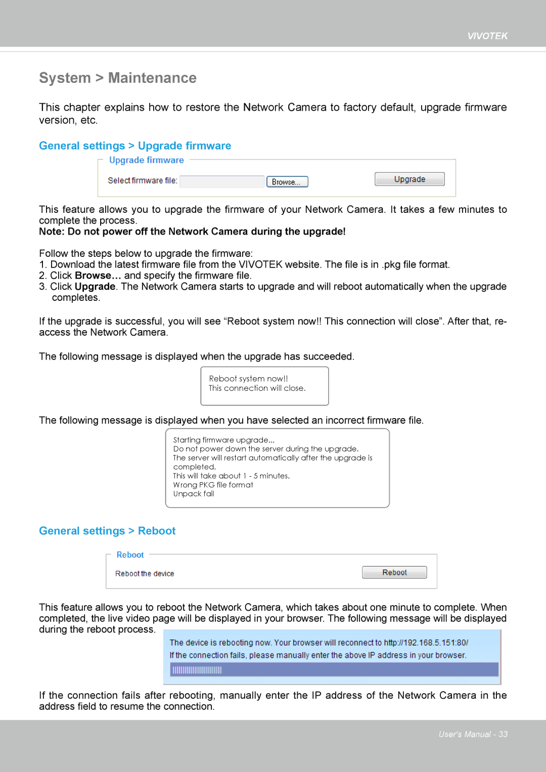 Vivotek IP8362 manual System Maintenance, General settings Upgrade firmware, General settings Reboot 