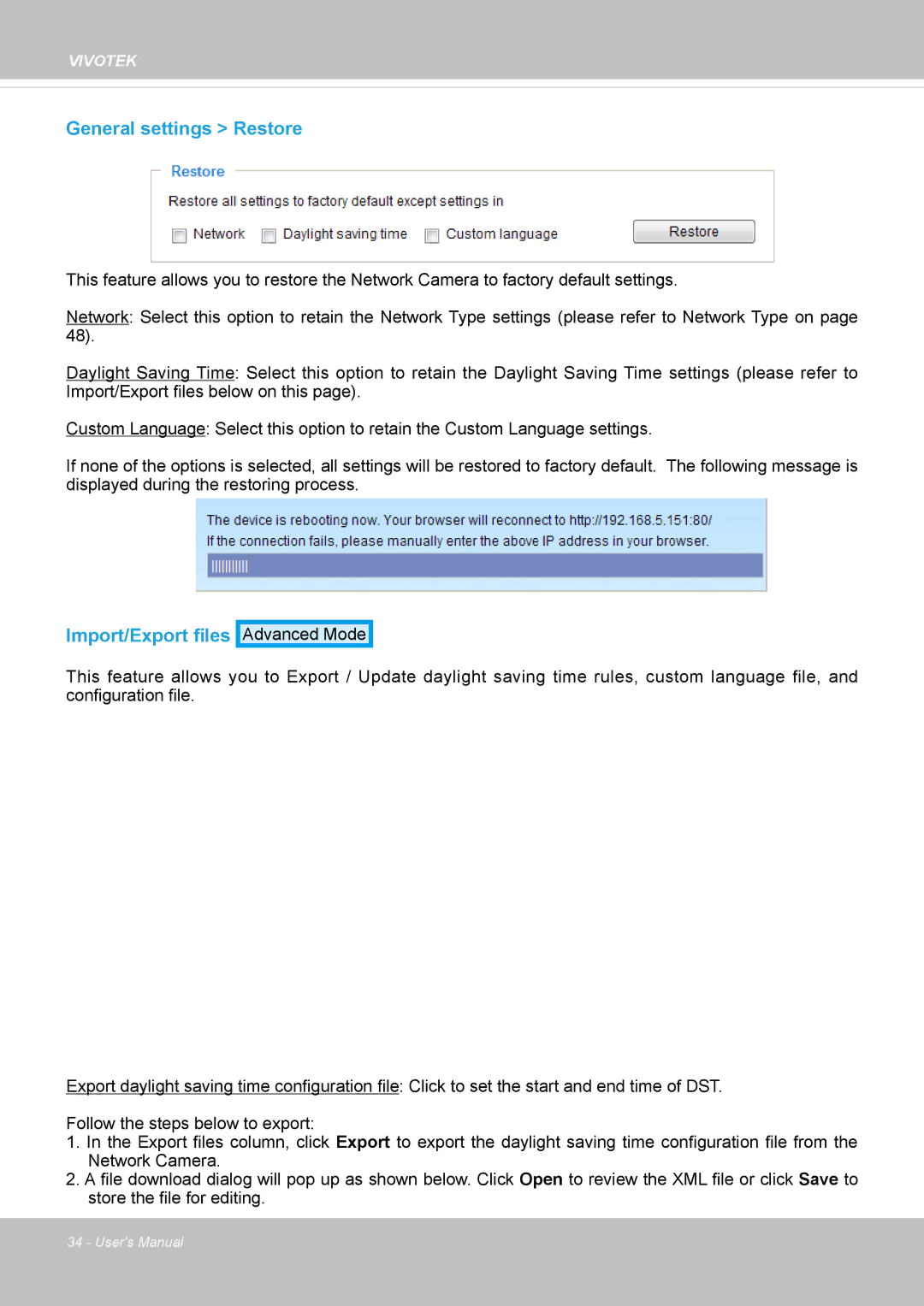 Vivotek IP8362 manual General settings Restore, Import/Export files 