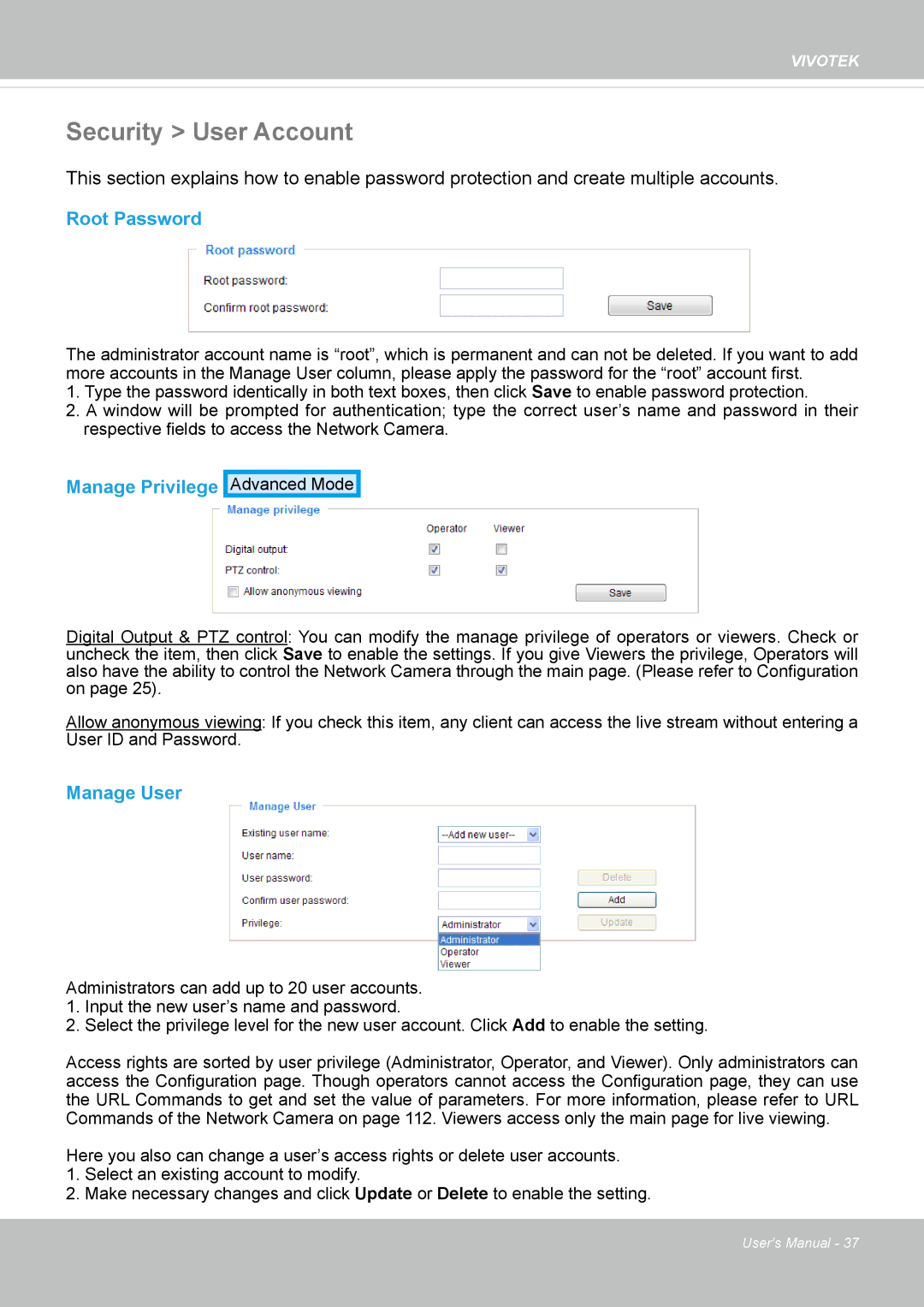 Vivotek IP8362 manual Security User Account, Root Password, Manage Privilege, Manage User 