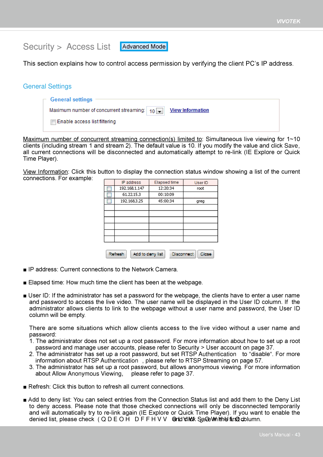 Vivotek IP8362 manual Security Access List, General Settings 