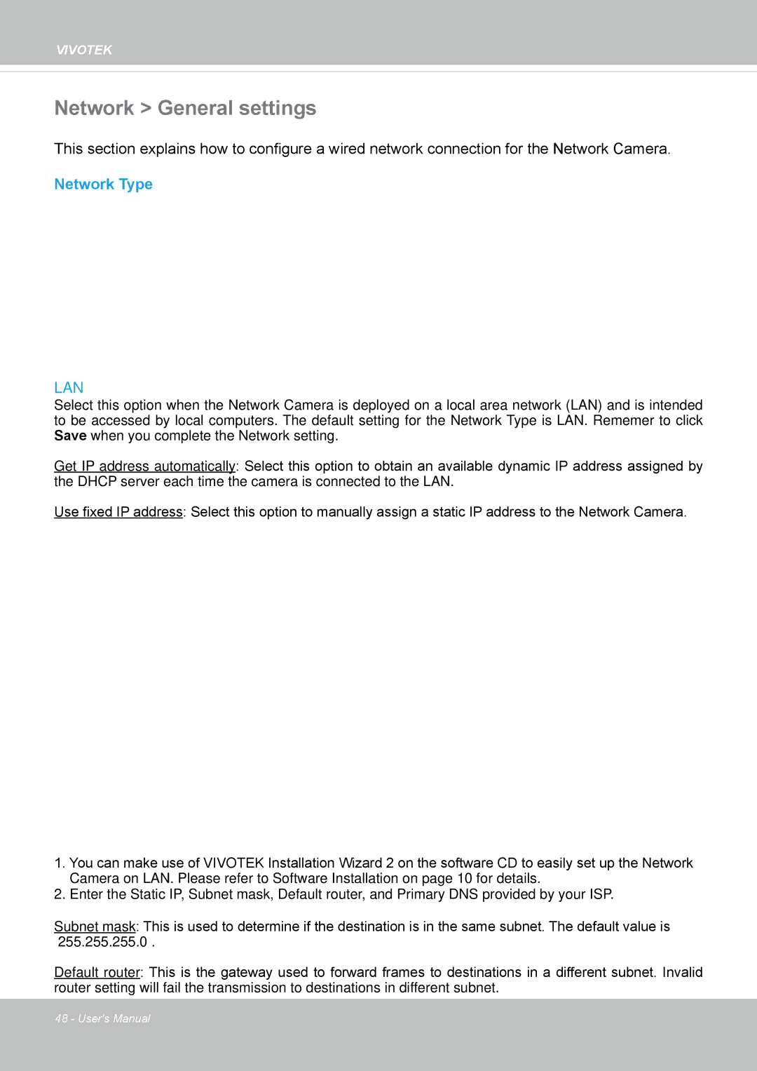 Vivotek IP8362 manual Network General settings, Network Type 