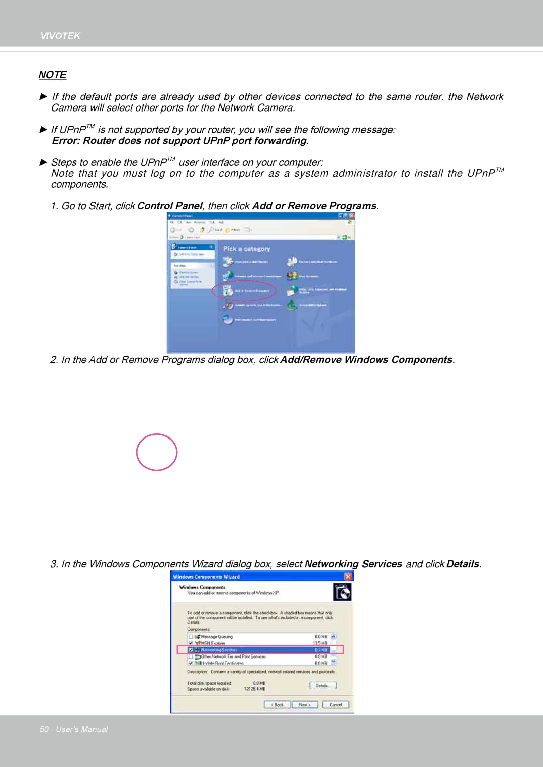 Vivotek IP8362 manual Error Router does not support UPnP port forwarding 