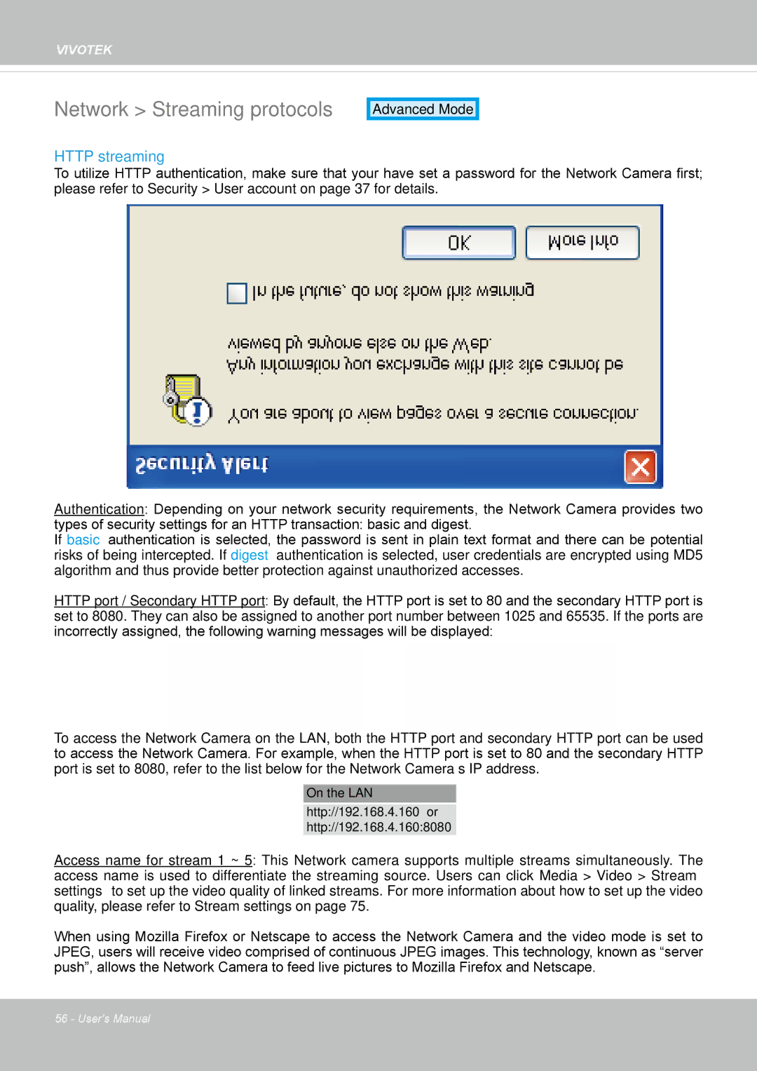 Vivotek IP8362 manual Network Streaming protocols, Http streaming 